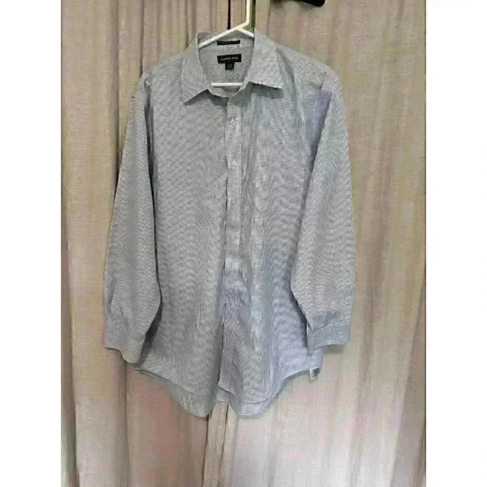 Lands’ End mens blue pinstripe checkered button up size 16.5 x 33 X-Large